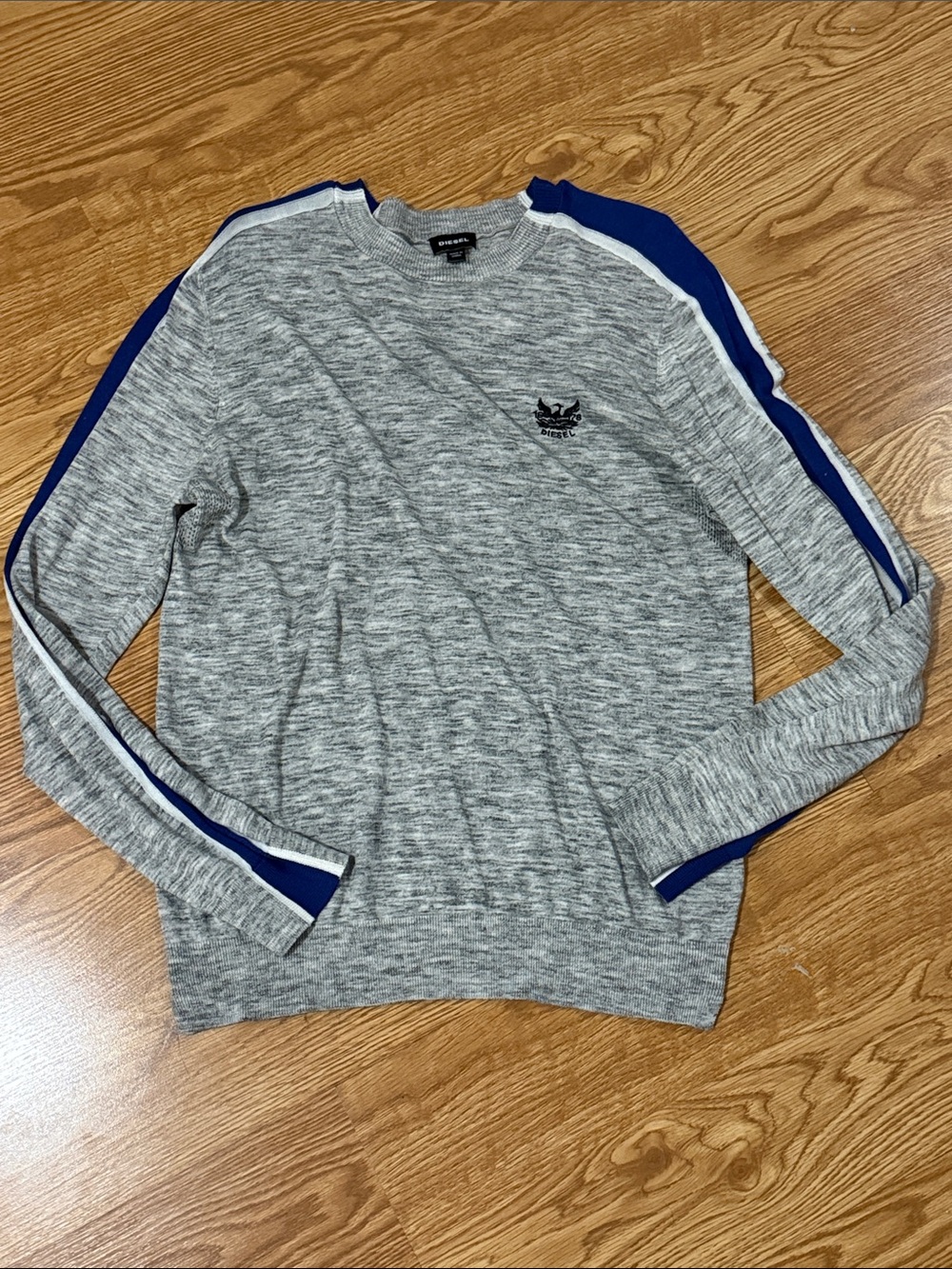 Diesel Gray Crewneck Sweater with Blue and White Shoulder Stripes